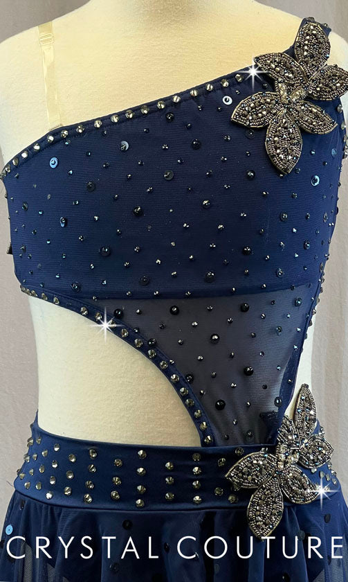 Navy Connected 2 Piece One Shoulder with High-Low Skirt - Rhinestones