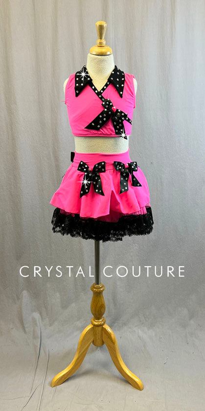 Pink & Black Crop Top with Pink & Black High-waisted Layered Skirt - Rhinestones