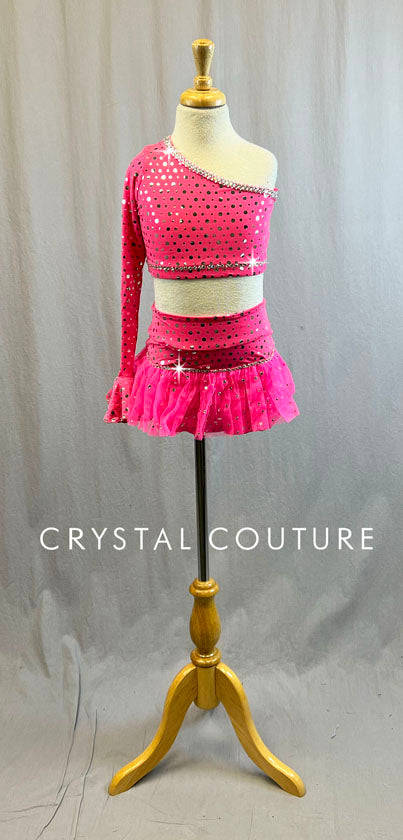 Pink One Sleeve Crop Top with High-waisted Skirt - Rhinestones