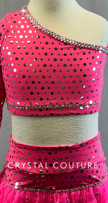 Pink One Sleeve Crop Top with High-waisted Skirt - Rhinestones