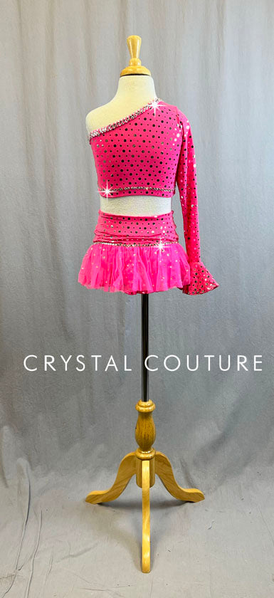 Pink One Sleeve Crop Top with High-waisted Skirt - Rhinestones