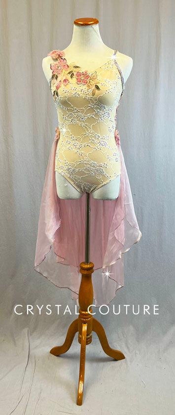 Lovely Custom Ivory & Cream Lace Leotard with Lt Pink 2 Tiered Skirt - Swarovski Rhinestones