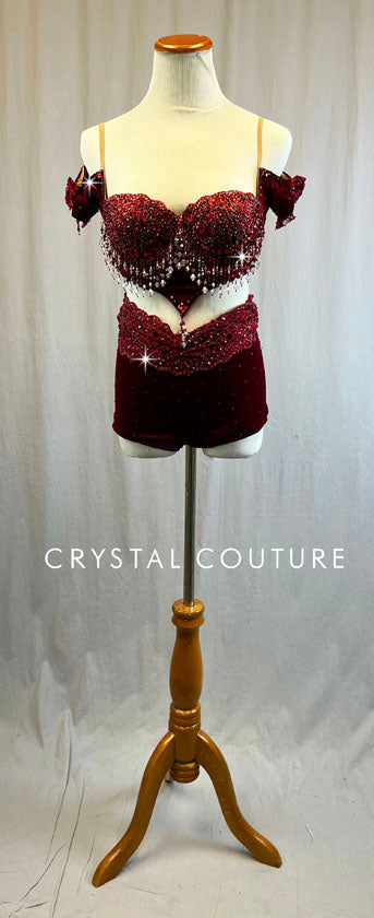 Gorgeous Custom Red Velour Bra Top with Off-the-shoulder Sleeves and Booty Shorts - Swarovski Rhinestones