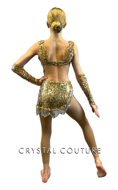 Custom Gold & Silver Connected Bra Top 2 Piece with Sequined and Beaded Fringe Skirt