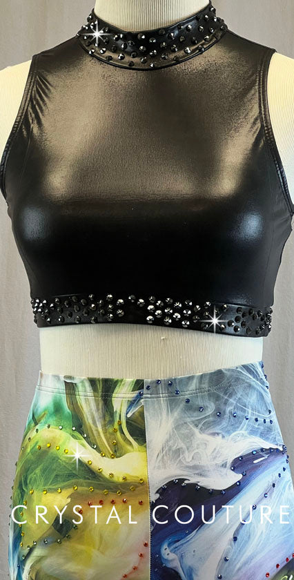 Black Pleather Crop Top with Multi Colored Swirl High Waisted Leggings - Rhinestones