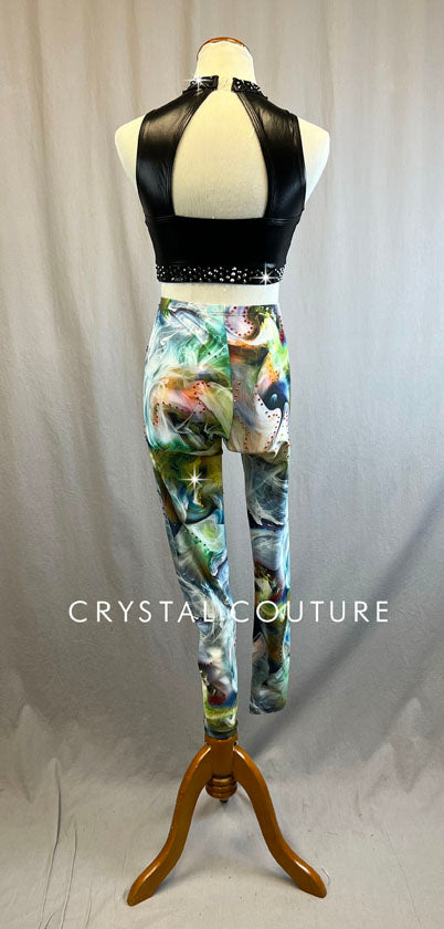 Black Pleather Crop Top with Multi Colored Swirl High Waisted Leggings - Rhinestones
