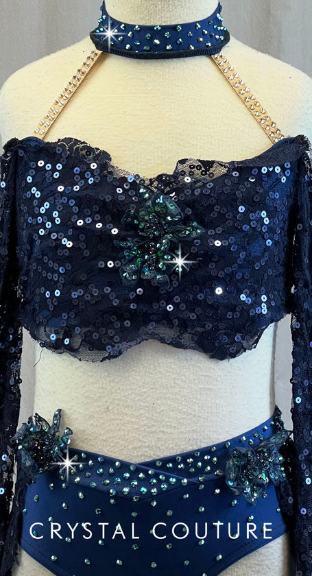 Navy Lace Sequined Long Sleeve 2 Piece with Attached Back Skirt - Rhinestones