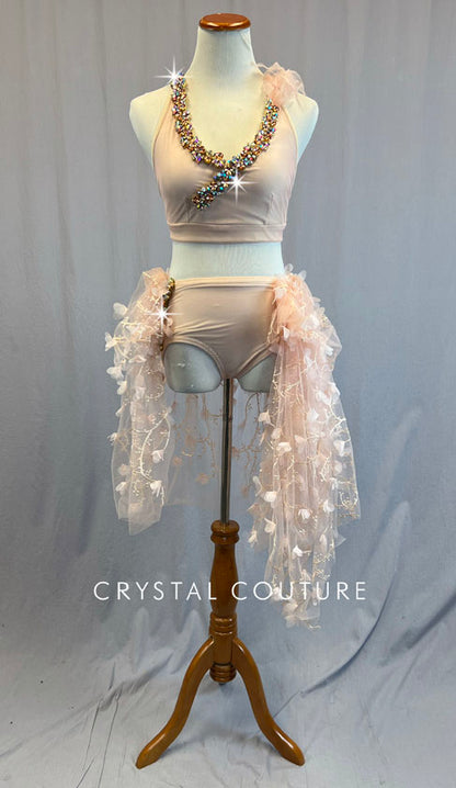 Ignite Custom Light Pink Halter Top and High Waisted Brief with Petal Fabric Skirt - Rhinestones