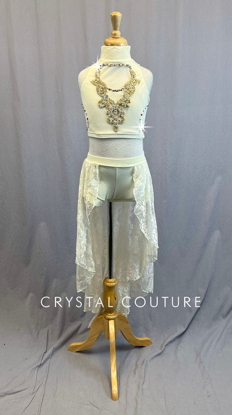Ignite Custom Ivory and Tan Jeweled Mock Neck Top and Brief with Lace Skirt - Rhinestones