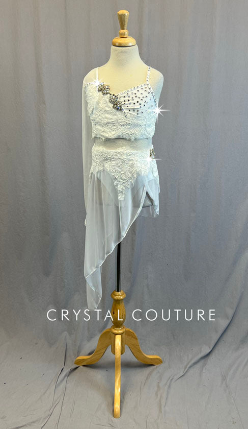 Ignite Custom White Jeweled One Sleeve Top with Asymmetrical Skirt - Rhinestones