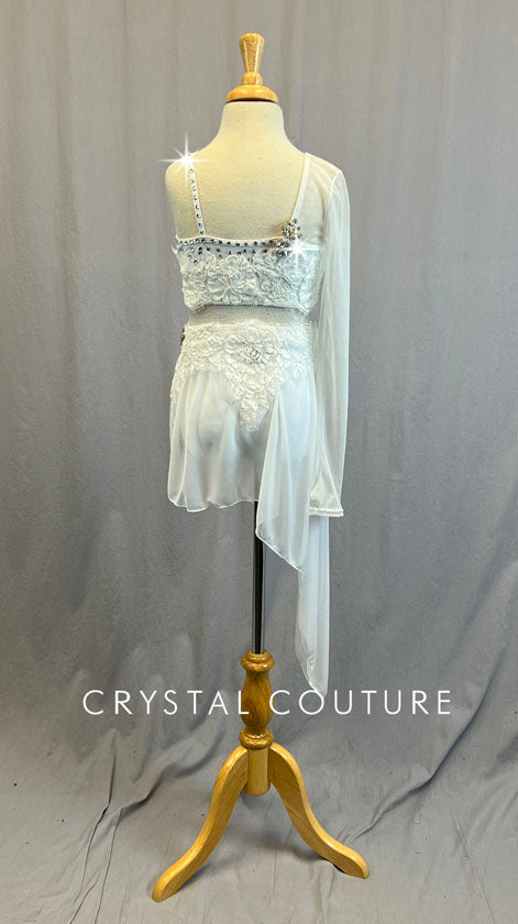 Ignite Custom White Jeweled One Sleeve Top with Asymmetrical Skirt - Rhinestones