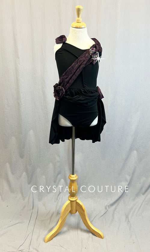 Ignite Custom Black Leo Dress with Back Skirt and Plum Lace Sash and Flowers - Rhinestones