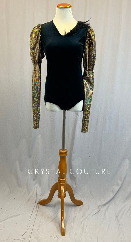 Ignite Custom Black Velvet Leo with Gold Puff Sleeves and Black Feather Trim
