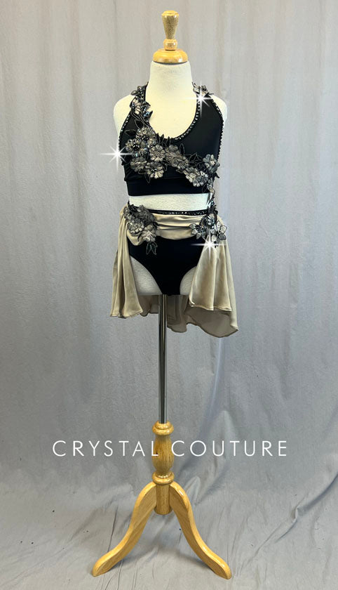 Ignite Custom Black Halter Top and Trunks with Taupe Back Skirt and Appliques - Rhinestones