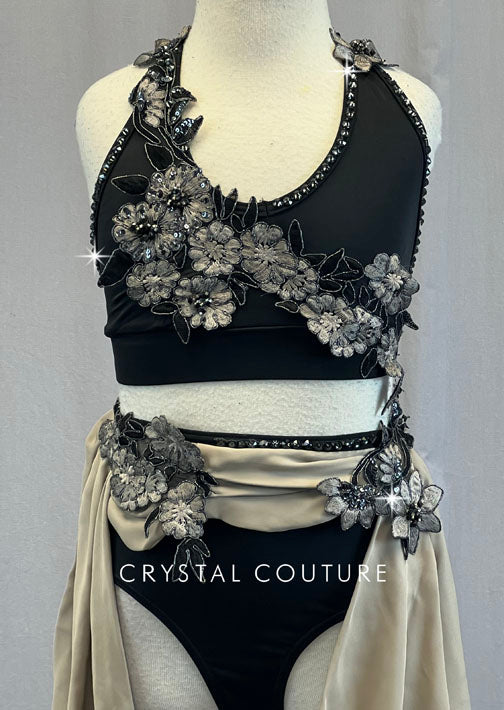 Ignite Custom Black Halter Top and Trunks with Taupe Back Skirt and Appliques - Rhinestones