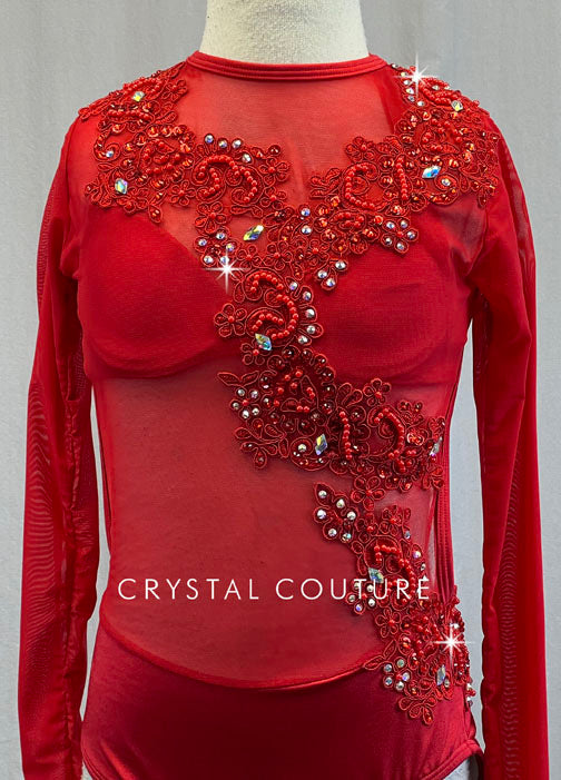 Red Long Sleeve Mesh Leo with Appliques - Rhinestones