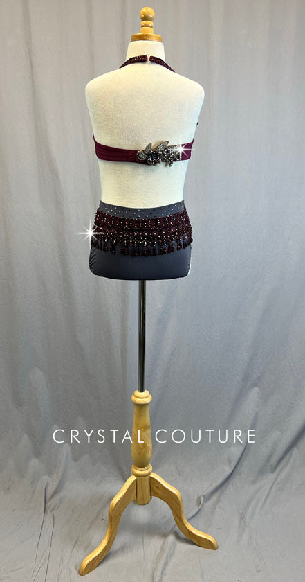 Maroon Bra Top and Grey Trunk with Lace Fringe Appliques - Rhinestones