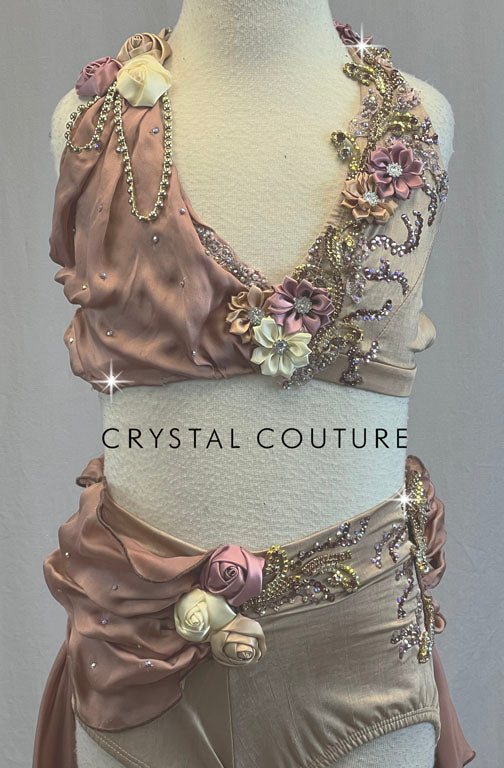 Tan Halter Top and Shorts with Silky Rose Back Skirt - Rhinestones