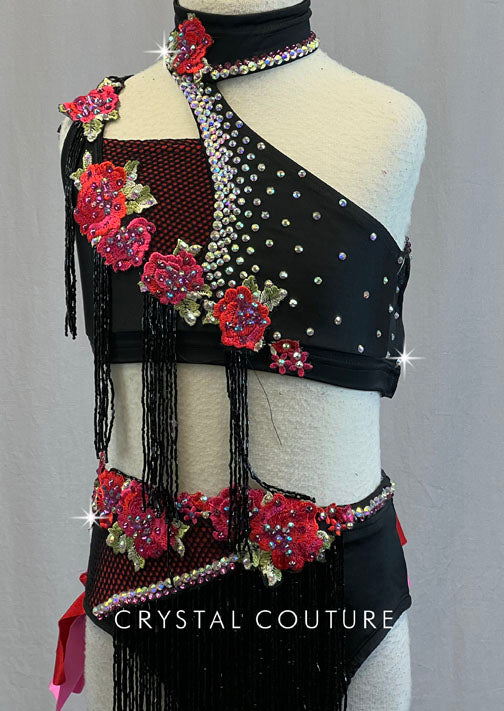 Custom Black Asymmetrical Top and Trunks with Floral Appliques and Beaded Fringe - Rhinestones