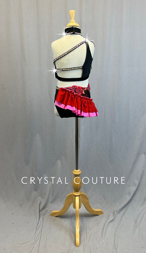 Custom Black Asymmetrical Top and Trunks with Floral Appliques and Beaded Fringe - Rhinestones