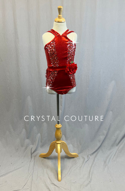 Red Metallic Leotard with Sequin Bustle Skirt