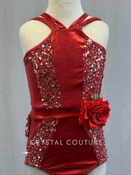 Red Metallic Leotard with Sequin Bustle Skirt