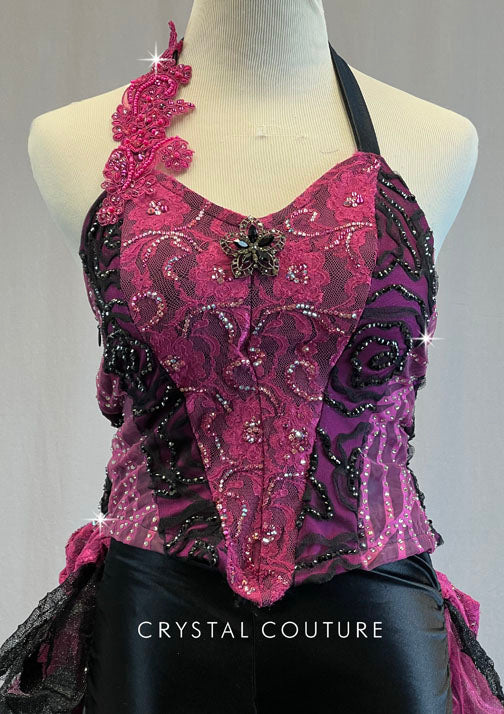 Custom Pink and Black Bustier with Back Bustle - Rhinestones