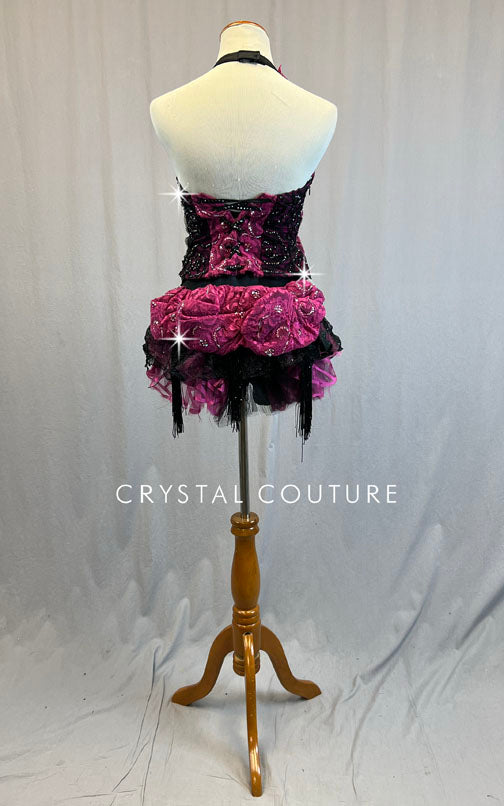 Bustier Style Beaded Black Corset + Double-Layer Pink Ruffled Skirt