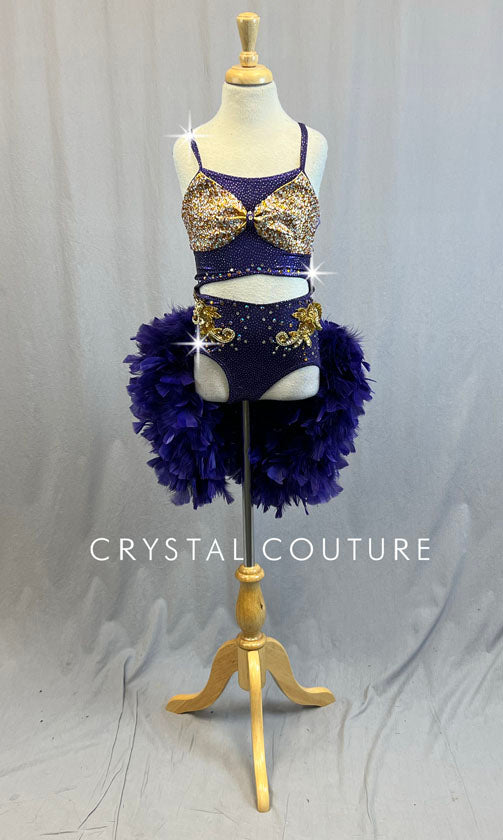 Purple and Gold Cutout Leotard with Appliques and Feather Bustle - Rhinestones