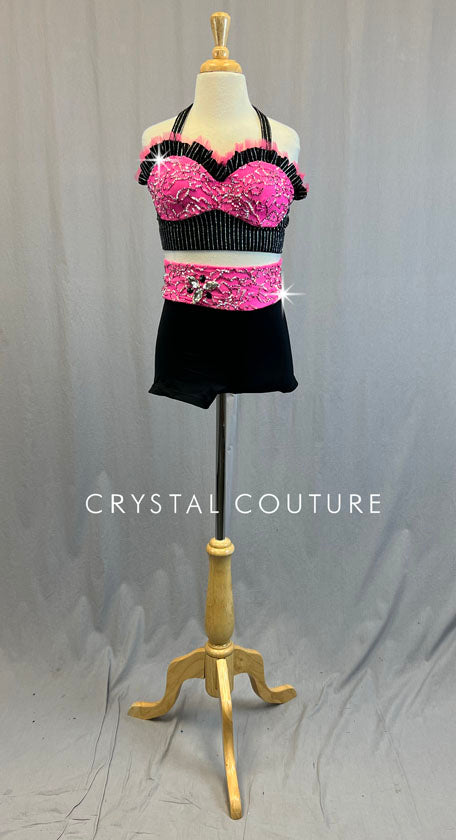 Black and Pink Pinstripe Cropped Bustier with High Waisted Shorts - Rhinestones