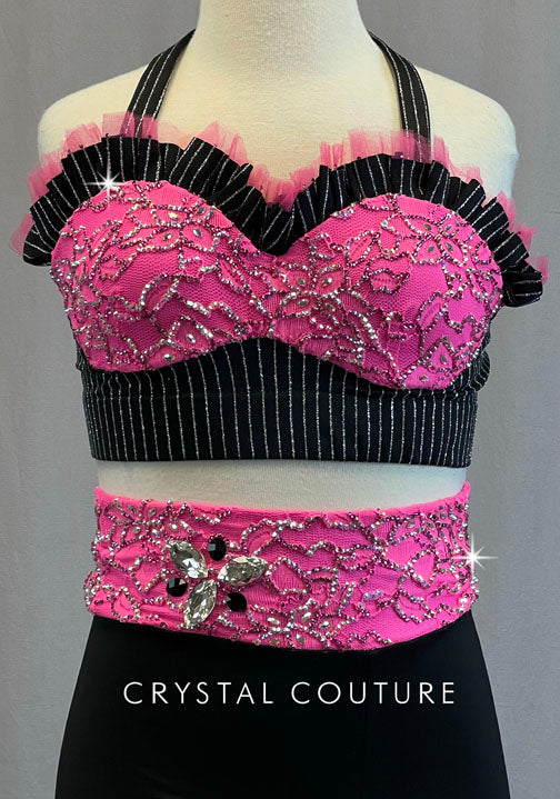 Black and Pink Pinstripe Cropped Bustier with High Waisted Shorts - Rhinestones
