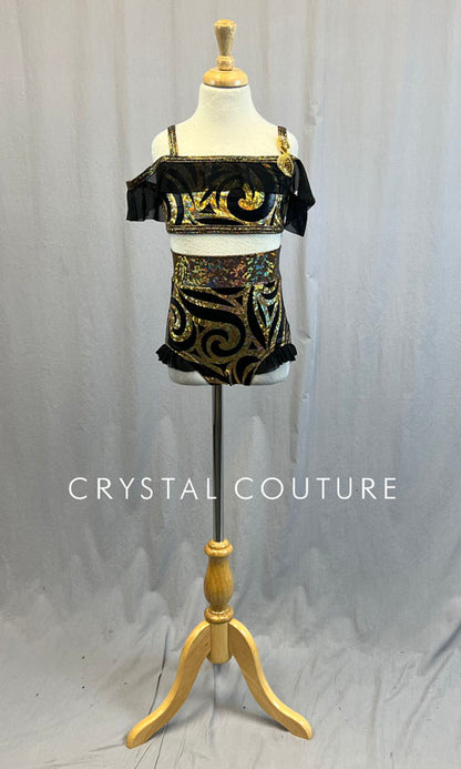 Custom Black and Gold Off Shoulder Top with Ruffled High Waisted Trunks