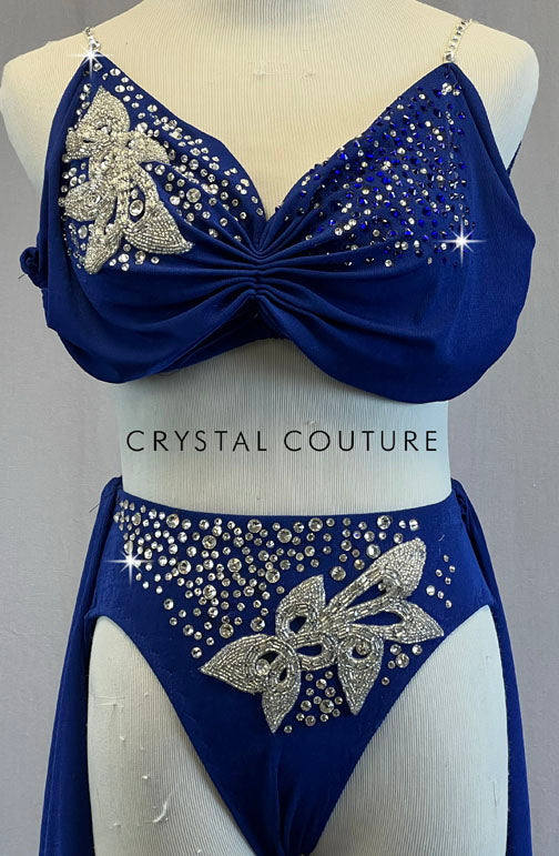 Custom Royal Blue Draped Bra Top and Trunks with Appliques and Back Skirt - Rhinestones