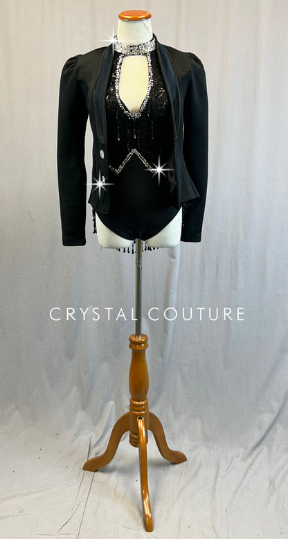 Custom Black Keyhole Leotard with Beaded Fringe and Blazer Jacket - Rhinestones