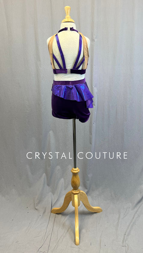 Custom Purple Velvet Cropped Top and Shorts with Asymmetrical Peplum