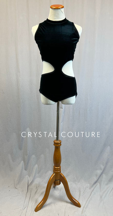 Custom Black Velvet Leotard with Side Cutouts and Mesh Zipper Back