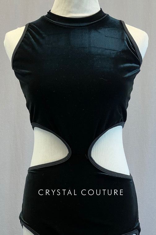 Custom Black Velvet Leotard with Side Cutouts and Mesh Zipper Back