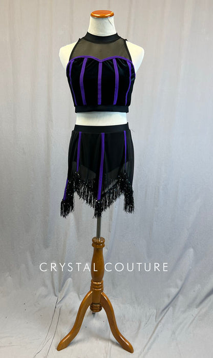 Custom Black and Purple Velvet Bodice Top with Fringe Hem Skirt