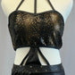 Custom Black and Gold Snake Print Connected Two Piece with Faux Leather Details - Rhinestones