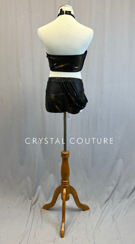 Custom Black and Gold Snake Print Connected Two Piece with Faux Leather Details - Rhinestones