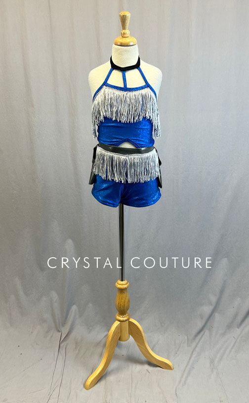Custom Royal Blue Holographic Biketard with Chrome Back Skirt and Fringe