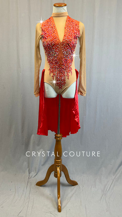 Nude Mock Neck Leotard with Red Appliques and Back Skirt - Rhinestones