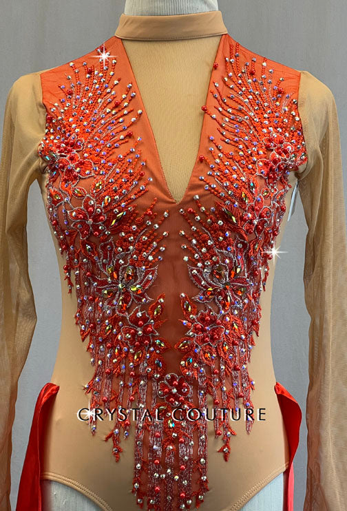 Nude Mock Neck Leotard with Red Appliques and Back Skirt - Rhinestones