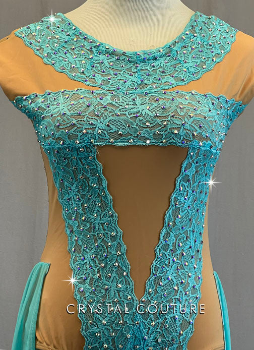 Nude Cap Sleeve Leotard with Aqua Lace and Back Skirt - Rhinestones