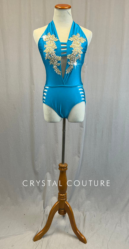 Bright Blue Strappy Leotard with Champagne Appliques - Rhinestones