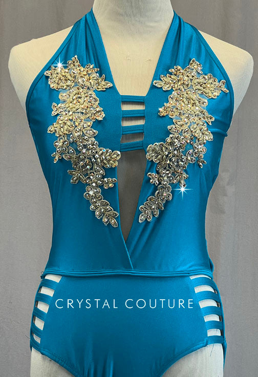 Bright Blue Strappy Leotard with Champagne Appliques - Rhinestones