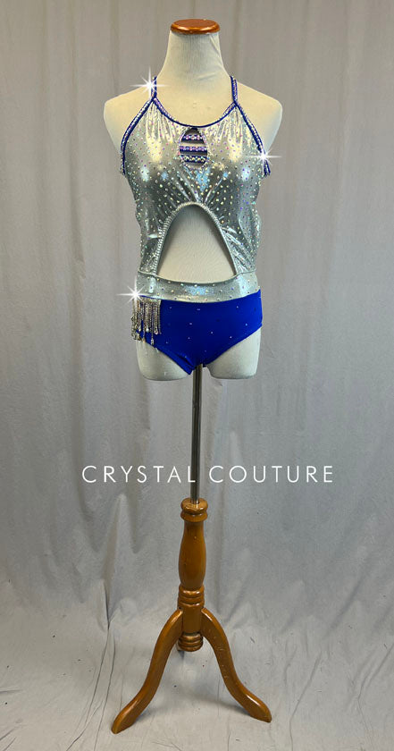 Custom Royal Blue and Silver Cutout Leotard with Strappy Back - Rhinestones