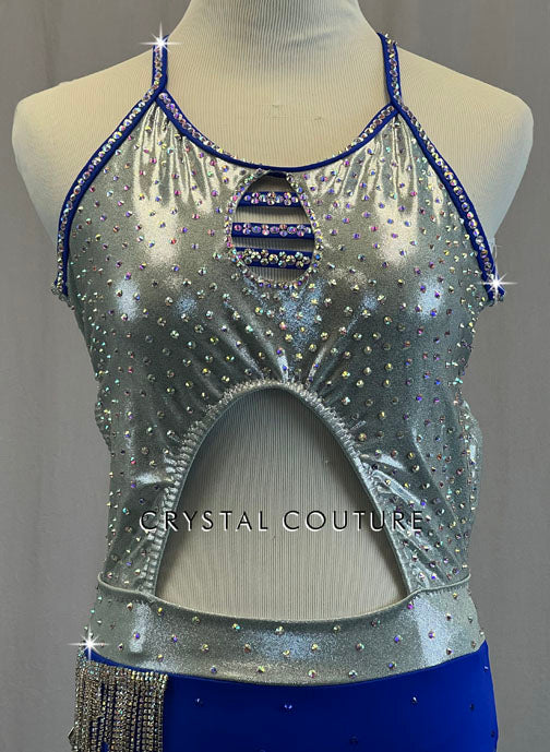 Custom Royal Blue and Silver Cutout Leotard with Strappy Back - Rhinestones