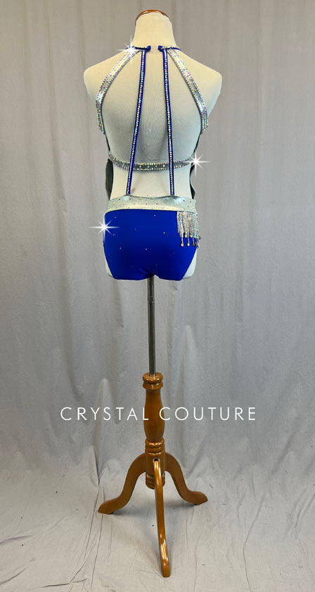 Custom Royal Blue and Silver Cutout Leotard with Strappy Back - Rhinestones
