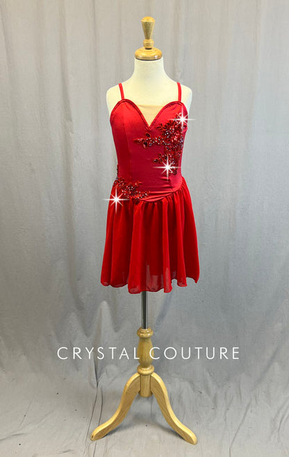 Red Camisole Leotard with Sweetheart Neckline and Circle Skirt - Rhinestones